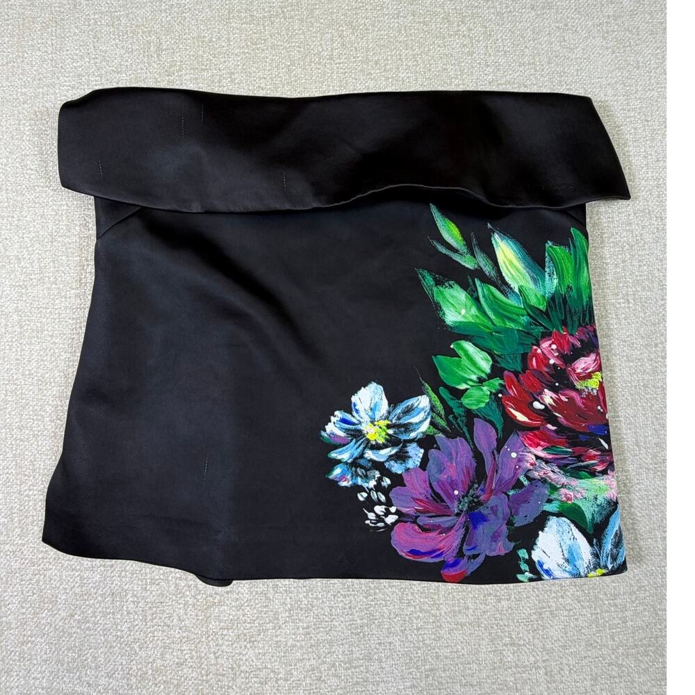 Anthropologie Women Med Black Satin Strapless Floral Party Top Elegant